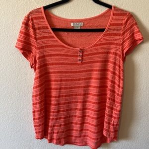 Lucky Brand Live In Love 100% LINEN ORANgE Striped Top